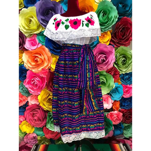 Mexican 3 piece set Blouse Cambaya skirt elastic waist and belt or mini rebozo - Picture 7 of 9